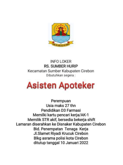 Lowongan Asisten Apoteker RS Sumber Hurip
