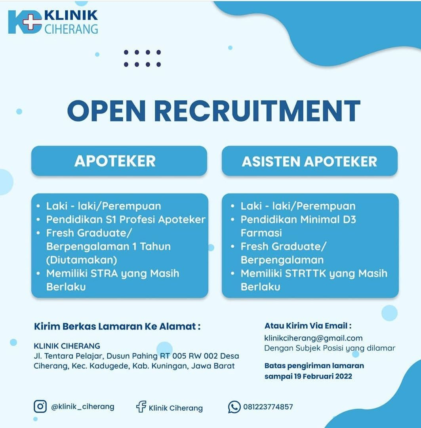 Lowongan Apoteker dan Asisten Apoteker Klinik Ciherang