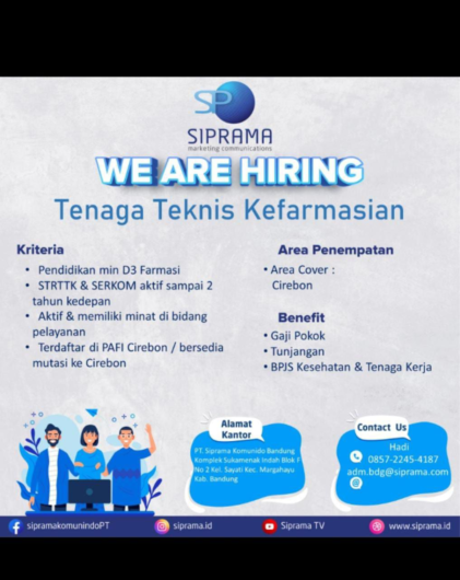 Lowongan Tenaga Teknis Kegarmasian PT SIPRAMA