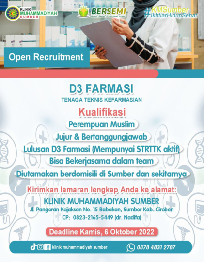 Lowongan Tenaga Teknis Kefarmasian Klinik Muhammadiyah Sumber