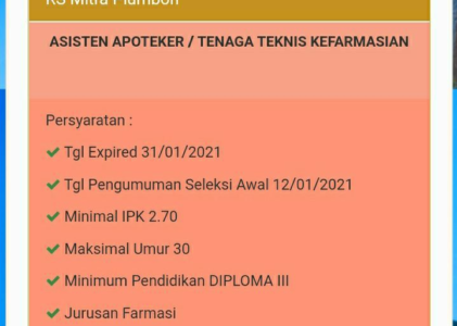 Lowongan Asisten Apoteker / Tenaga Teknis Kefarmasian RS Mitra Plumbon