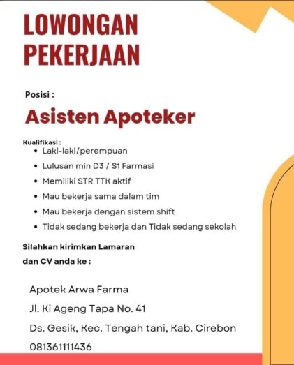 Lowongan Asisten Apoteker Apotek Arwa Farma