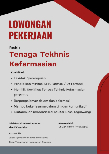 Lowongan Tenaga Teknis Kefarmasian Apotek RD Tegal Wangi Kabupaten Cirebon