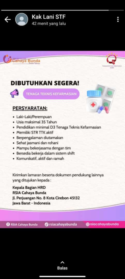 Lowonga Tenaga Teknis Kefarmasian RSIA Cahaya Bunda Cirebon